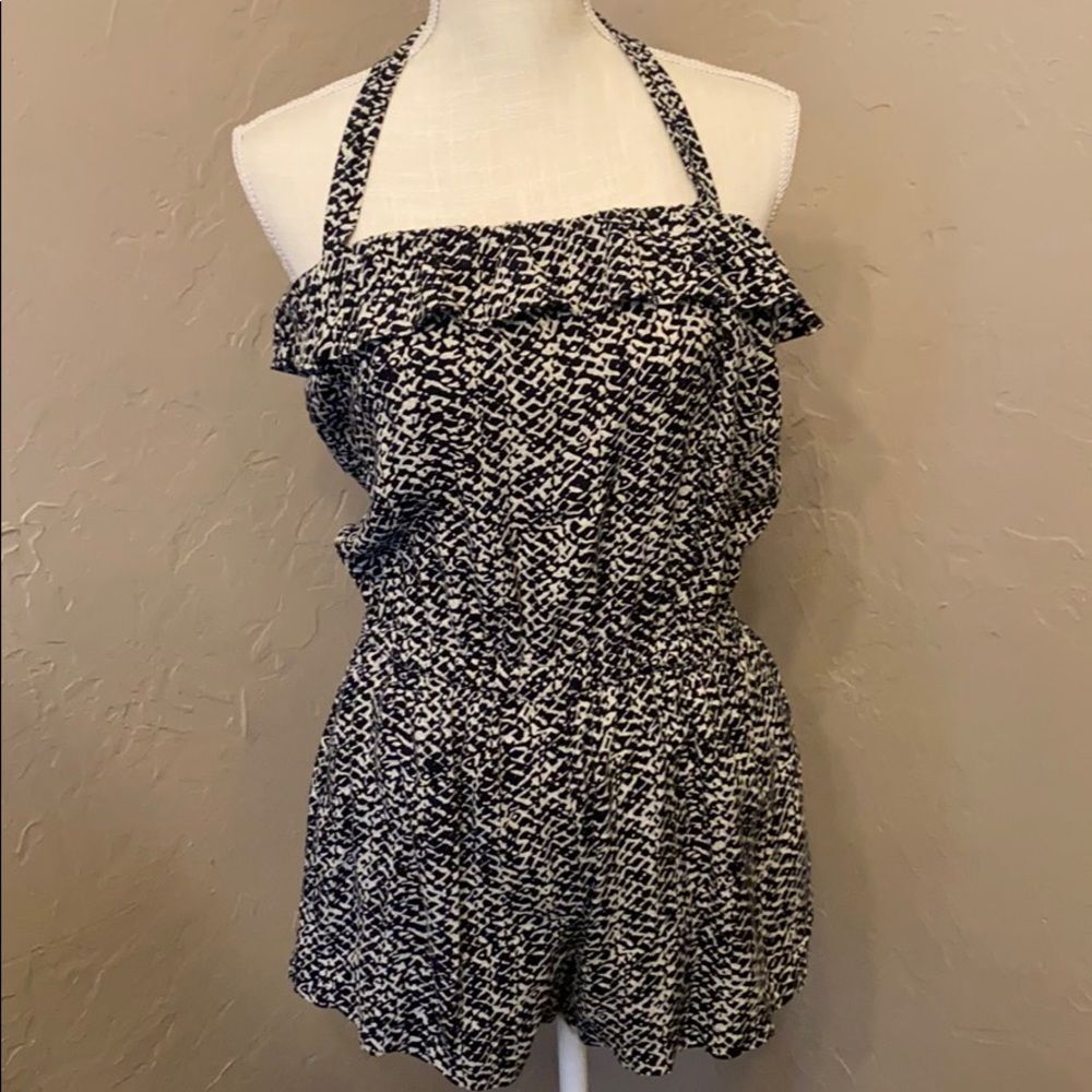 THML Romper w/ Pockets Tie Neck Ruffle Elastic Waist Black & White Size Medium